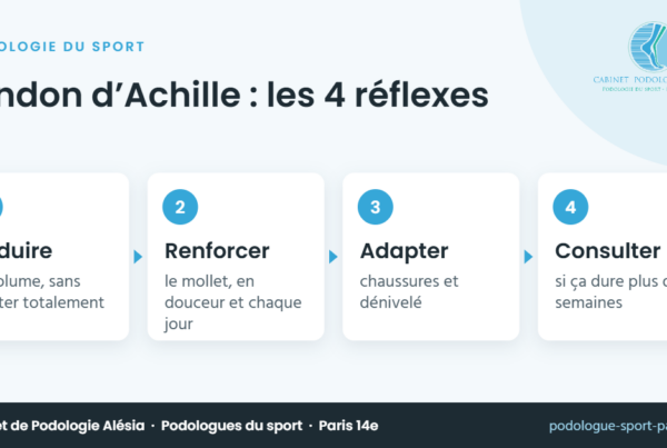 Tendon d’Achille : les 4 réflexes – infographie du Cabinet de Podologie Alésia